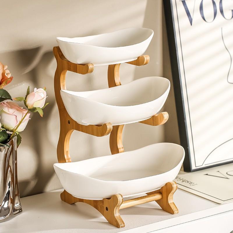 3-Tier Ceramic Fruit Tray With Bamboo Stand Modern Nordic Snack Server Kitchen Dining Table