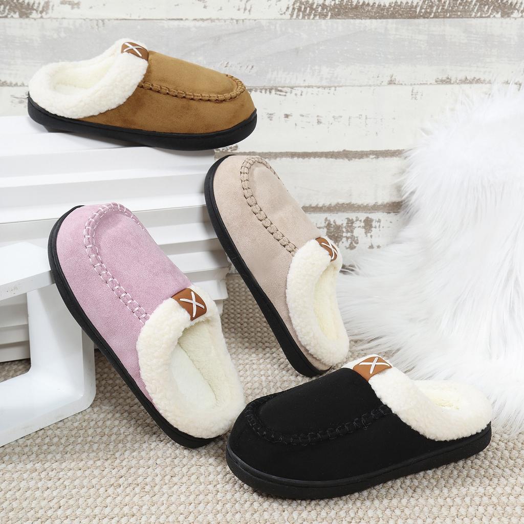 Fashion Plush slippers with fur edges for home warm outdoor wear plush non-slip thickened outdoor wear cotton slippers