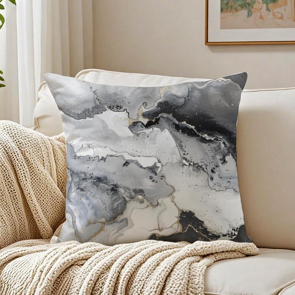 Grey White Abstract Marble Texture Ink Pillow Case Double-Sided Plush Sofa Cushion Covers Organic Breathable Invisible Zipper