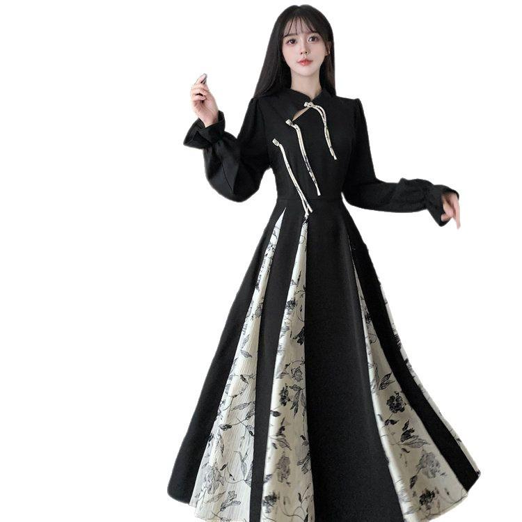 Plus Size Elegant High-End Retro Chinese Long Sleeve Floral Qipao Dress for Women - Autumn