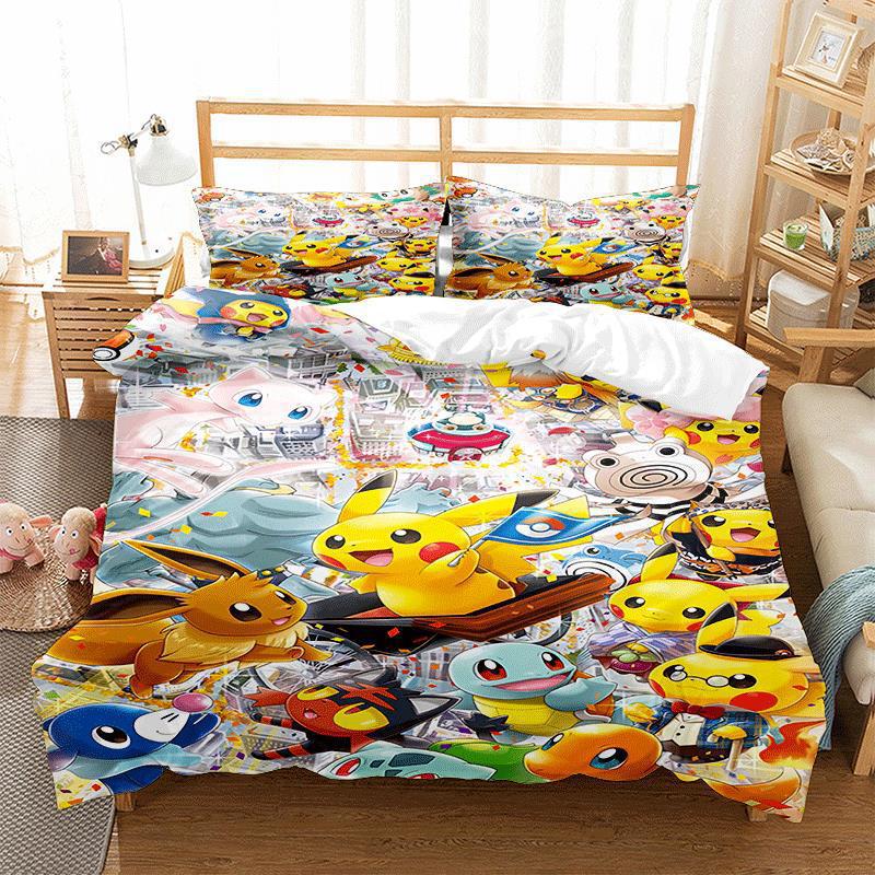 Pokemons Cartoon Anime Bedding Set Kawaii Pikachu Gengar Eevee Charizard Quilt Duvet Cover Pillowcase Kid Bed Set Twin King Size
