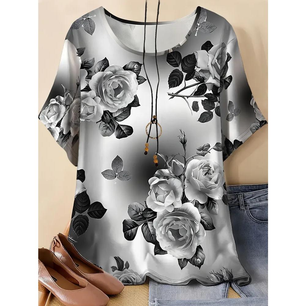 Stylish Simple Versatile Top Short Sleeve Women's Flower Printing Comfortable T-Shirts Women’s