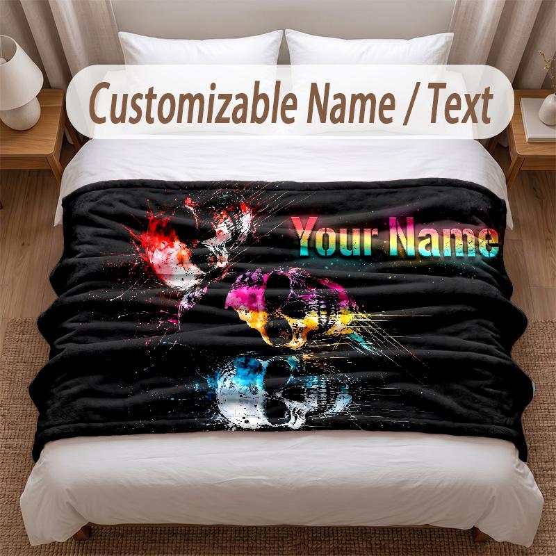 Skull Gothic Theme Soft Blanket Personalized Custom Name Text Print Warm Blanket Home Sofa Bedroom Decor