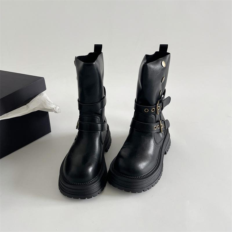 

British style simple brown platform Martin boots women s summer 2025 new casual thin western fashion short boots 35 чёрный
