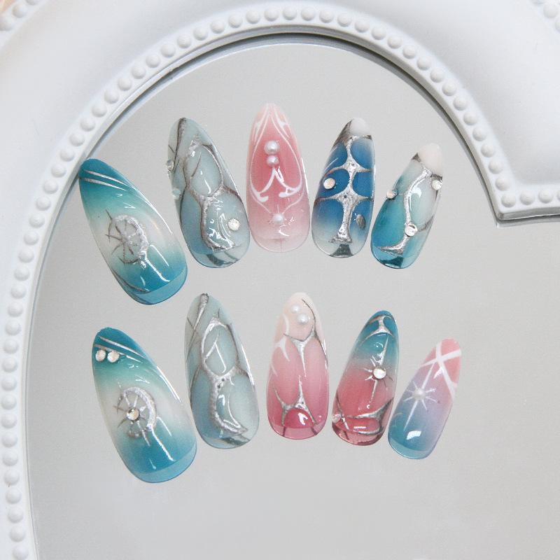 Three-dimensional metal sense irregular lines star light pearl gradual change blush nail art piece 24 pieces