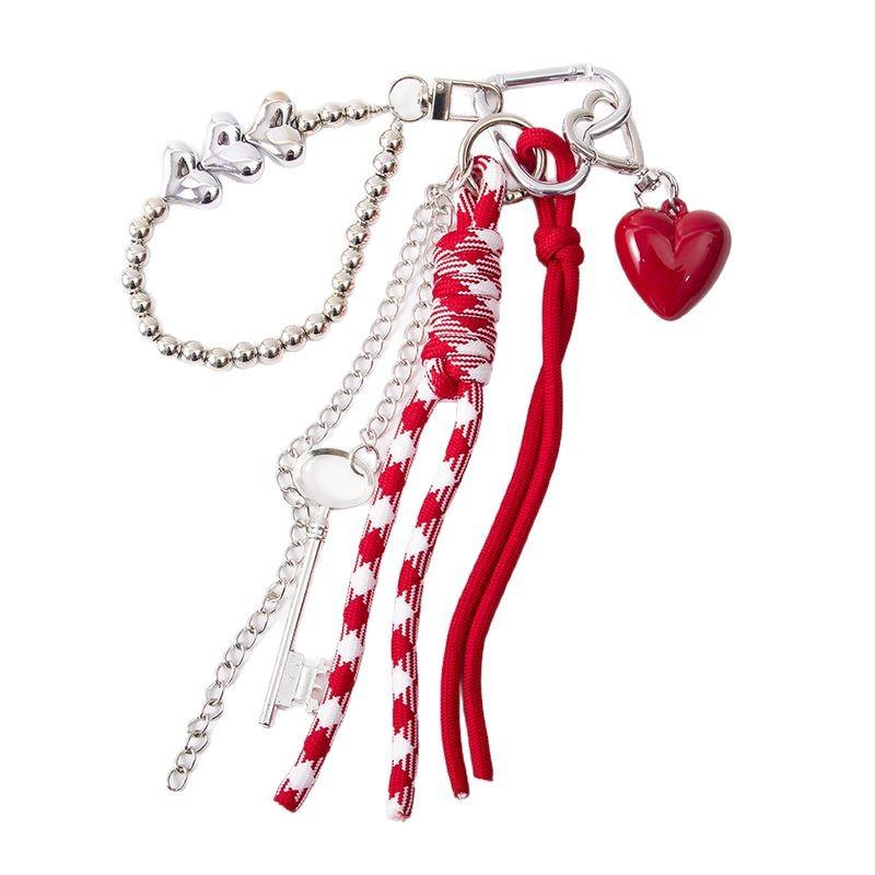 Red And White Plaid Rope Bag Charm With Or Bow Pendant Silver Beaded Chain And Tassel Design For Backpack Decor Daily Use Bag Charm