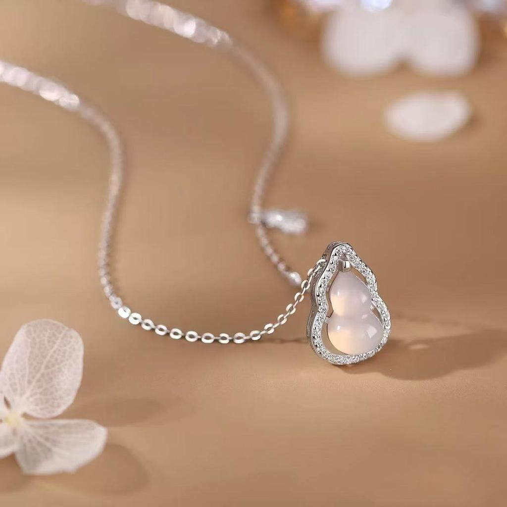 "Fu Lu Shuang Quan" White Chalcedony Gourd Necklace - 925 Sterling Silver, Luxurious Chinese Style Clavicle Chain for Women
