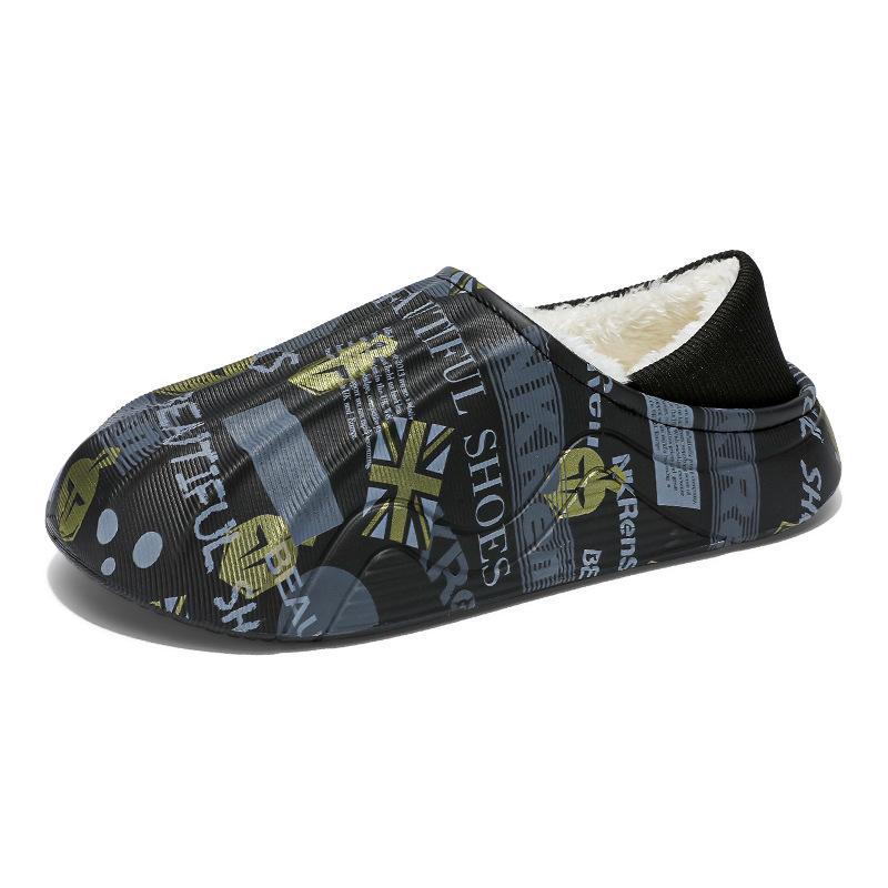 Flow printing cotton mop winter velvet large size bag heel cotton shoes men's indoor non-slip thick-soled slippers