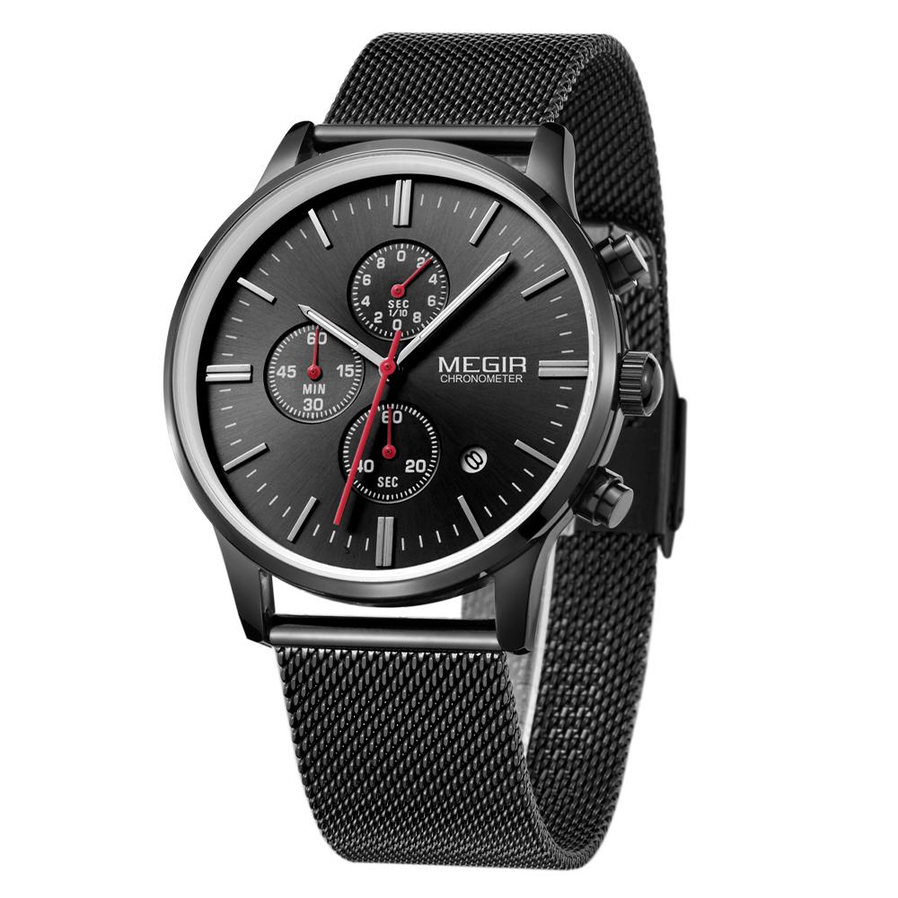 Megir Men Watches Mesh Stainless Steel Quartz Chronograph Watch Clock Relogio Masculino for Male Students Relogios