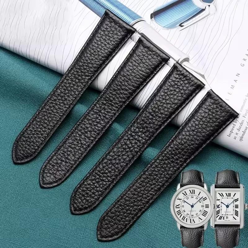 Pulseira de Couro Genuíno para Relógio Cartier Tank London Solo Couro bovino texturizado Lichia Pulseira de Relógio Masculina Feminina 17 20 22 23 24 25mm