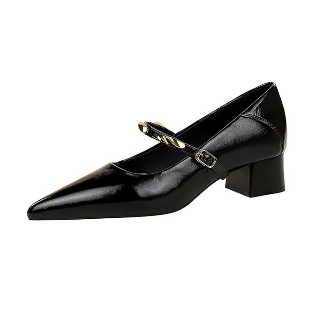 Korean Retro Patent Leather Pumps, Pointed Toe Buckle Design Block Heel Shoes, Simple Comfortable Mid Heel Daily Casual Office Dress Shoes for Women