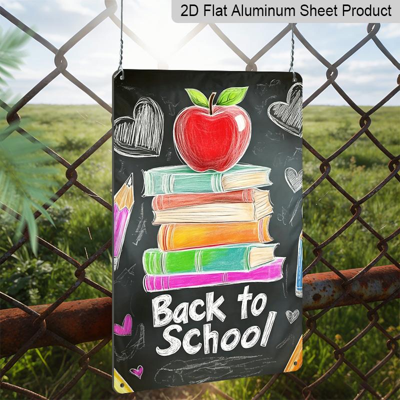 2D Flach, 1 Stück Tafelstil „Back To School“ Metallwandkunst Schild mit Apfel & Bücherstapel - 8*12 Zoll Aluminium Rustikale Klassenzimmerdekoration, Niedliche Hand