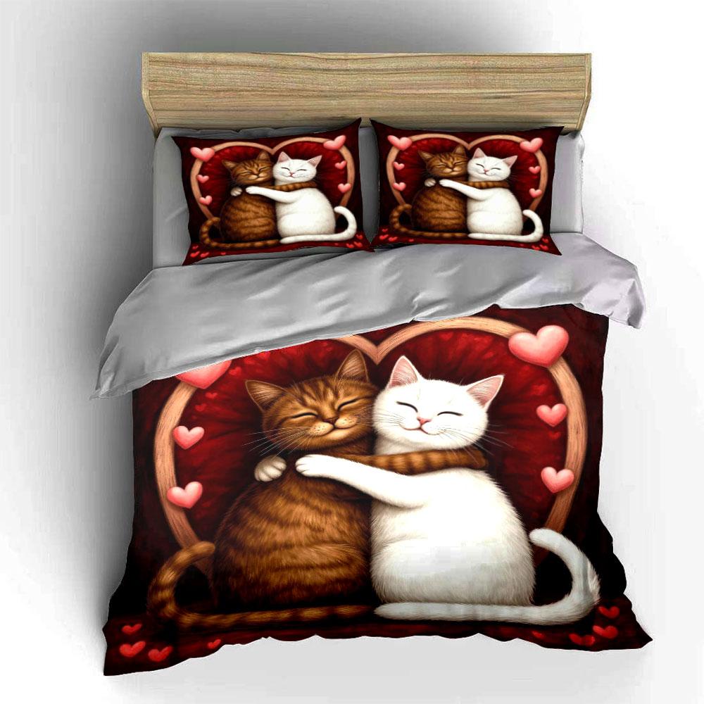 Cute Hugging Orange White Cat Red Heart Frame Bedding Set 3pcs Valentine Lovely Kitten Couple Warm Print Bed SetRomantic Gift