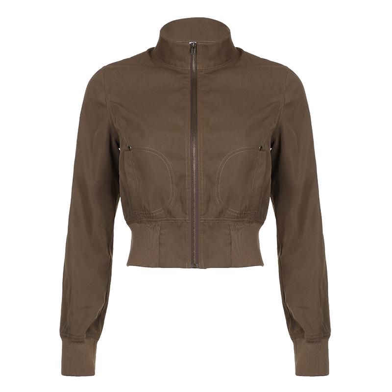 VAYLA Vintage Cropped Jackets Women Stand Collar Solid Color Casual Coats Slim Pocket Zip Up Harajuku Safari Style Outwear