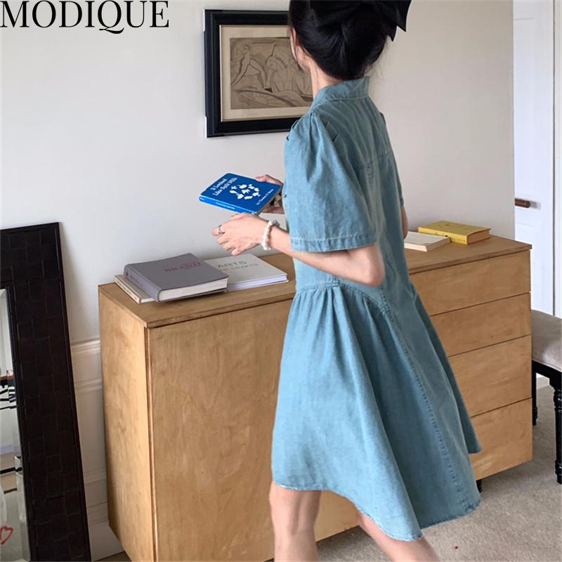MODIQUE Letnia Sukienka Koszulowa Plus Size Nowa Kobiety Luźna Zniszczona Słodka Jeansowa Sukienka Codzienne Damskie Sukienki POLO Krótki Rękaw Niebieska Otwarty Ścieg