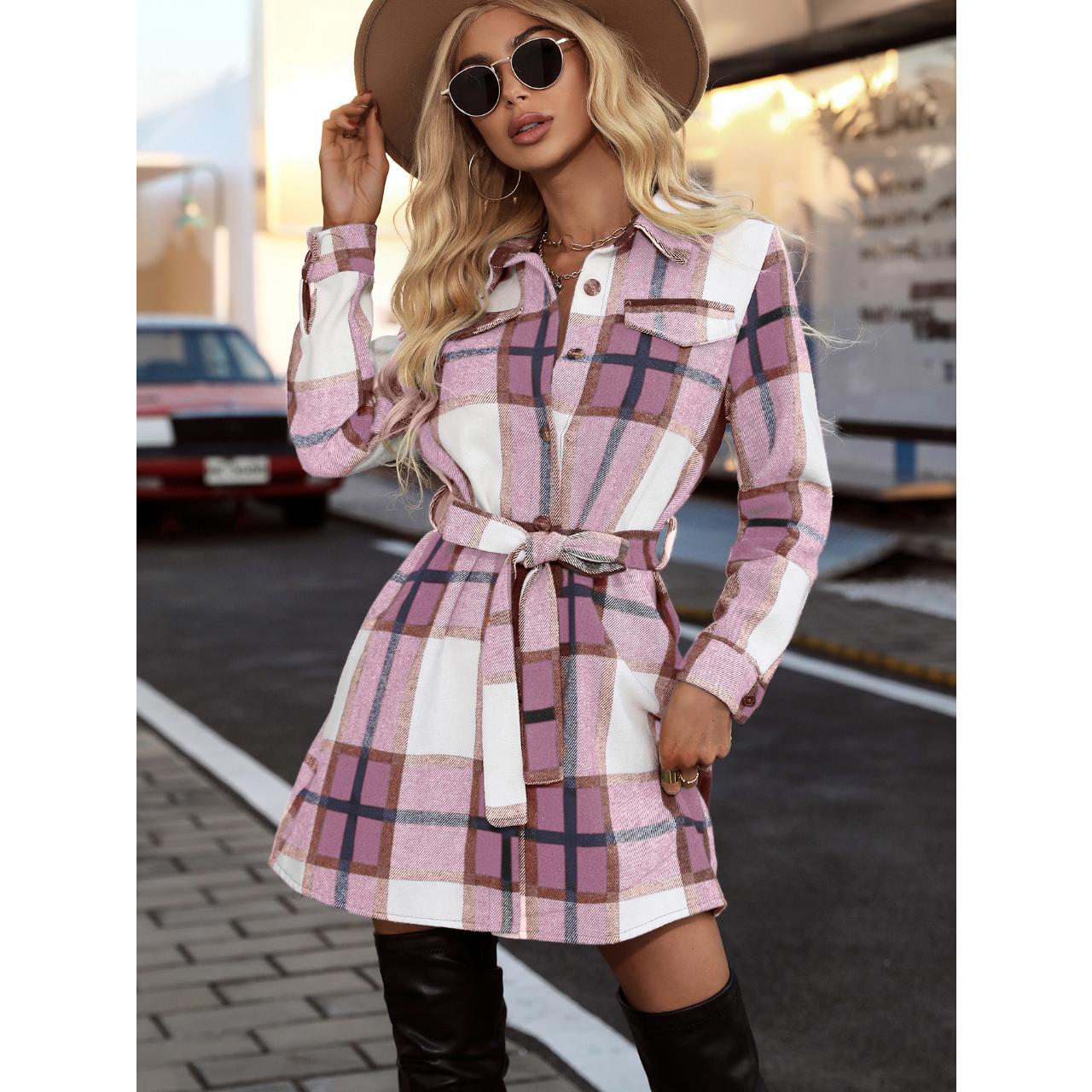 

Женское полосатое клетчатое платье-рубашка Осень-Зима 2025, приталенное платье с длинным рукавом и деталью в виде завязки, повседневное офисное платье для работы XL розовый