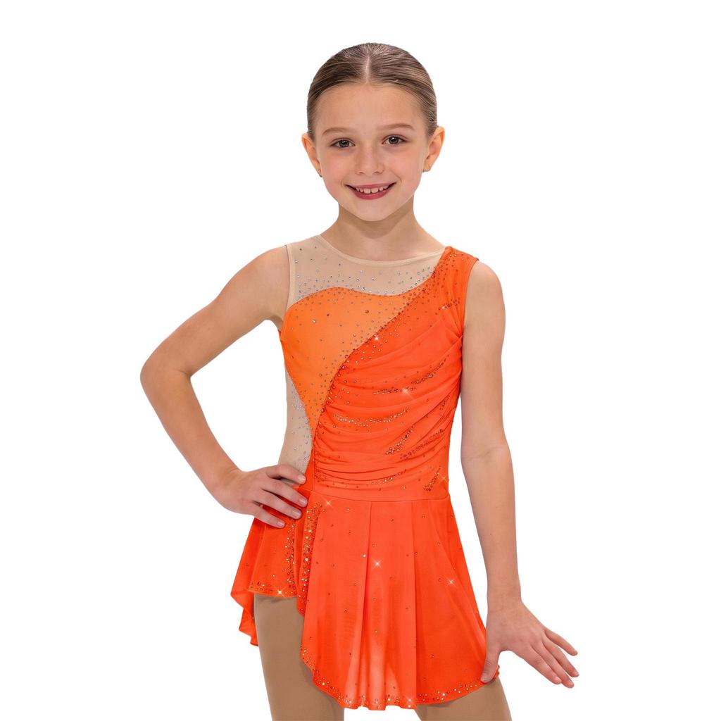 Abito da Gara da Ballo per Bambina Senza Maniche Patchwork Rete Strass Spacco Laterale con Slip Integrati per Pattinaggio Ginnastica Spettacolo