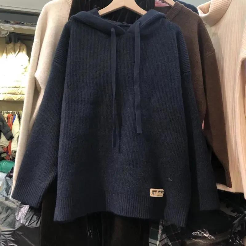 Sweater for Women Winter Solid Color Hooded Sweater for Women - Korean-style Loose-fit Casual Thick Pullover Knit Sweater