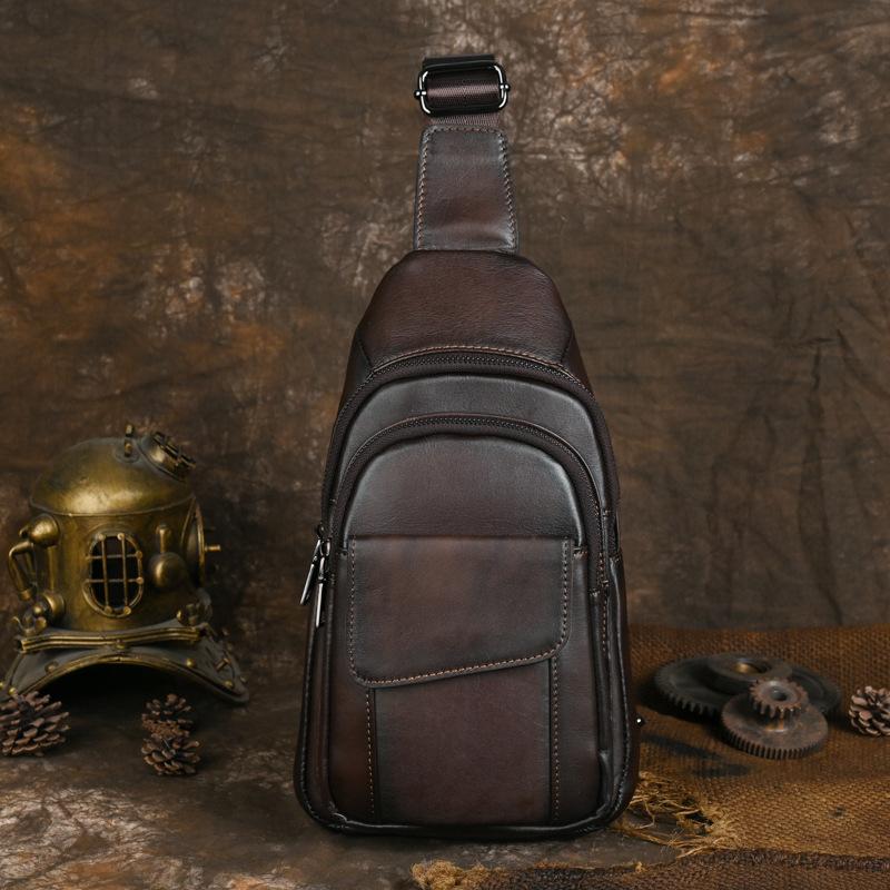 

Leather Chest Bag, Men s Retro Backpack, Crossbody Bag, Top Layer Cowhide Casual Sports Shoulder Bag
