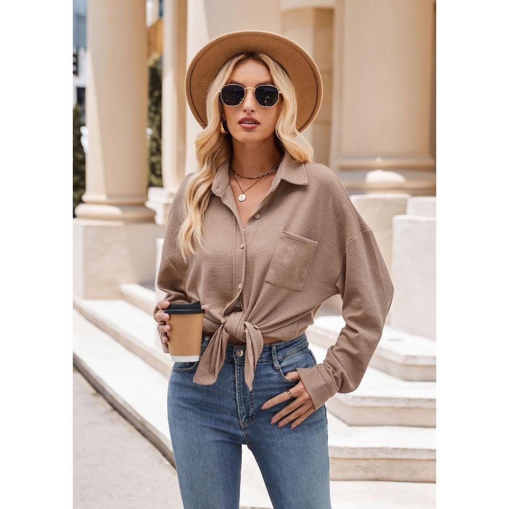 Autumn and Winter Casual Loose Pocket Waffle Fashion Women's Blouses & Shirts