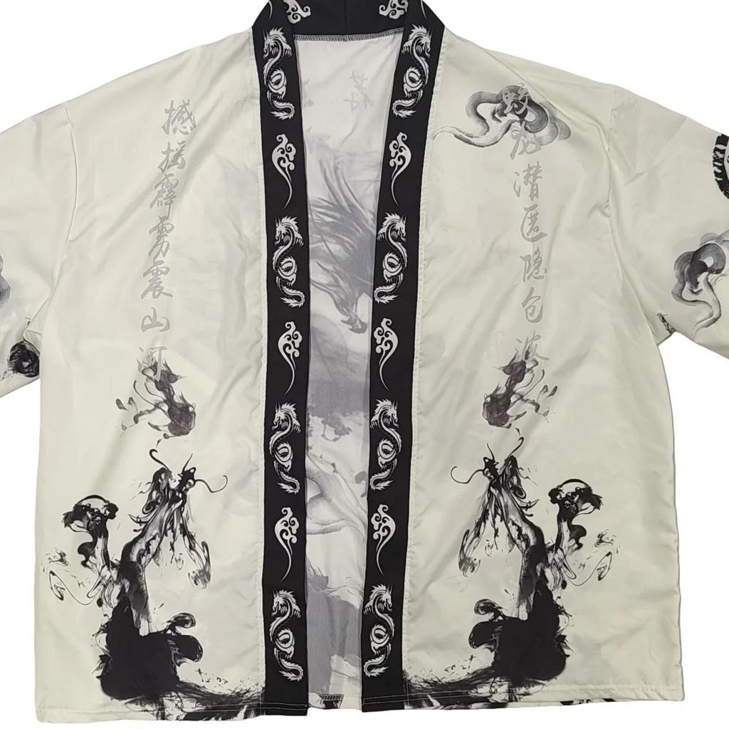 Men Japanese Kimono Black White Dragon and Cloud Pattern Open Front Cardigan Traditional Asian Streetwear Casual Haori for Summe