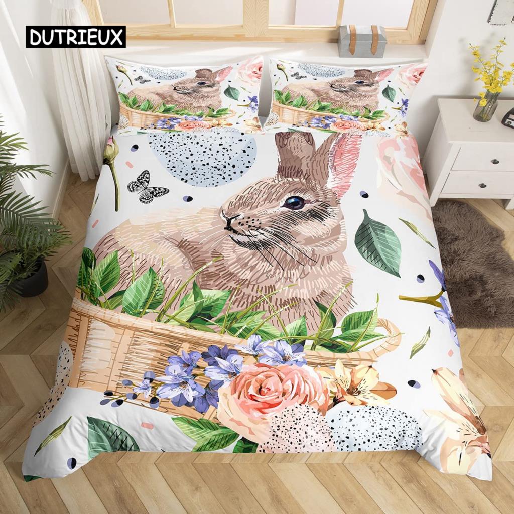 Kawaii Králičí Povlak na Peřinu Roztomilý Mazlíček Zvíře Povlak na Přikrývku Boho Květinový Velikonoční Vajíčka Ložní Set Šťastné Velikonoce Dárky pro Dívky Teenagery