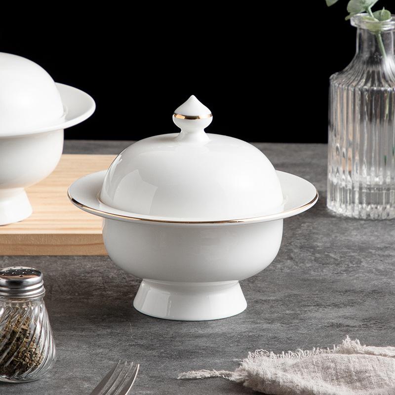 Premium Hotel Restaurant Household Tableware Ceramic Cup Wide Edge High Foot Cup Dessert Cup Stew Cup Covered Soup Cup