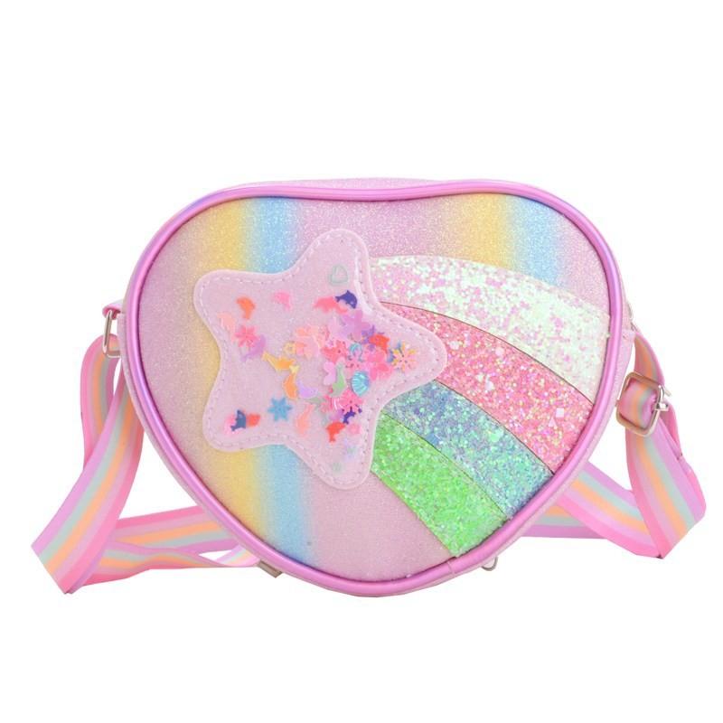 Trendy Shimmering Heart Kids Crossbody Bag In Soft Pink And Rainbow Colors