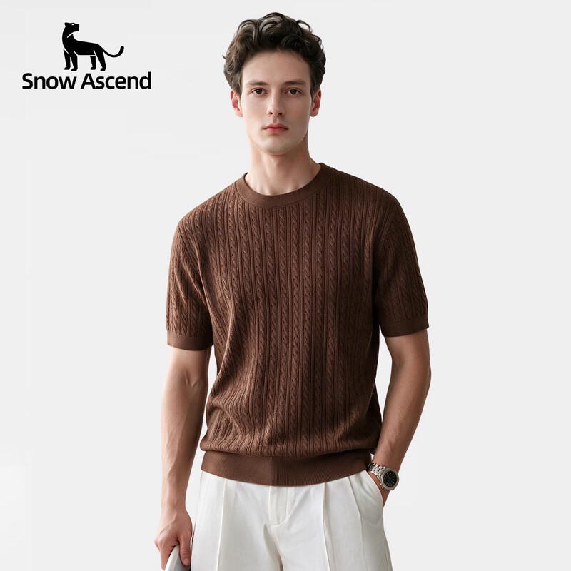 Snow Ascend Men's Cable Knit Crew Neck Short Sleeve Wool Blend T-Shirt