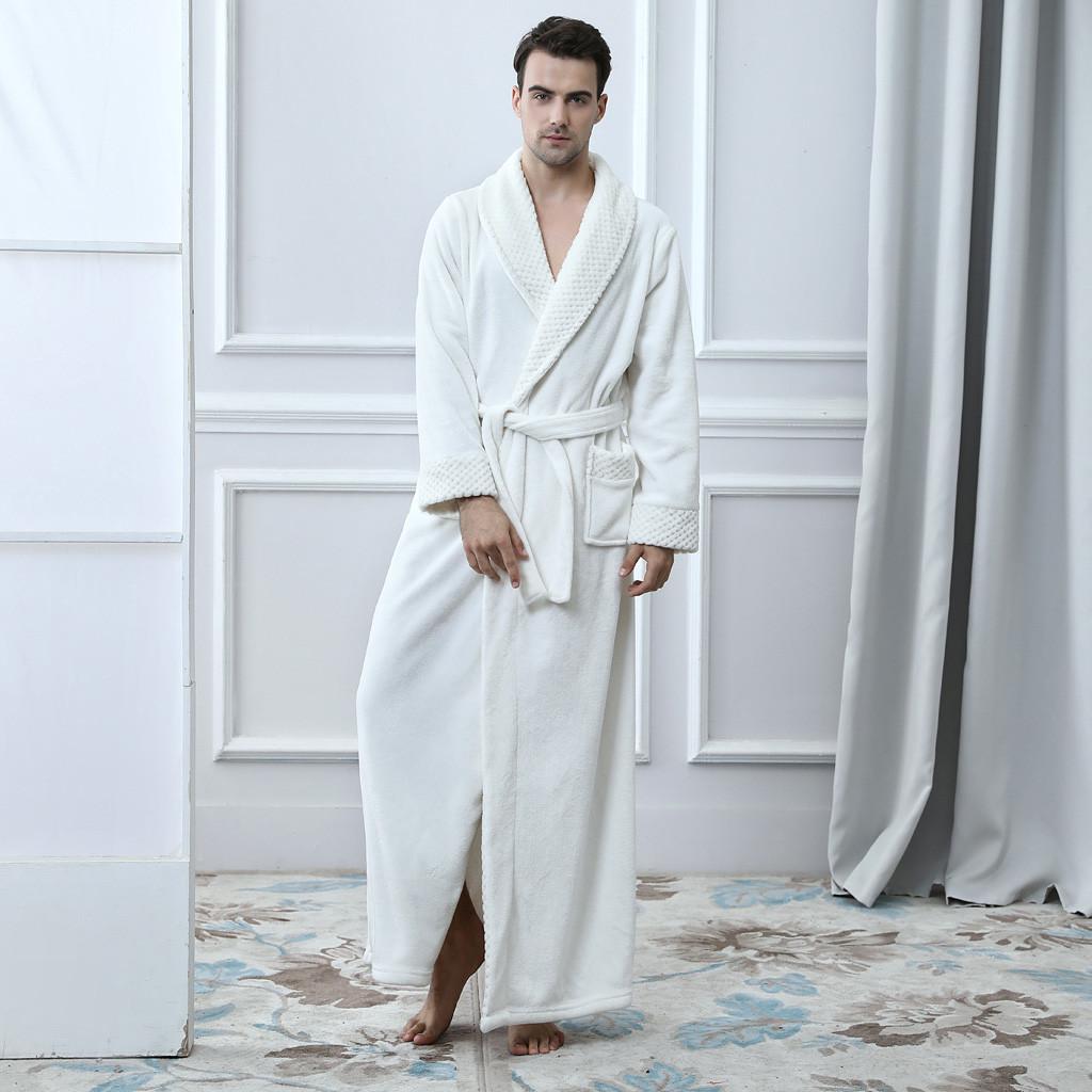 Mens Solid Thicken Velvet Robe Bathrobe Gown Pajamas Sleepwear Pocket Waistband