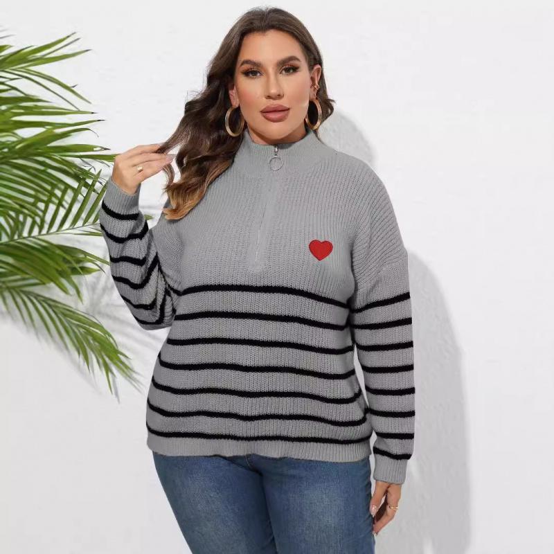 Women's Pullover Sweater Plus Size Women's Clothing Striped Patchwork Half Turtleneck Zipper Heart Knitted Sweater
