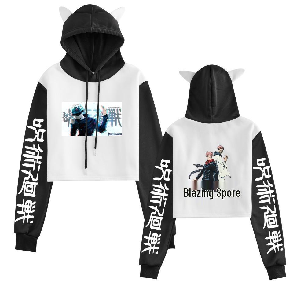 Felpa Crop Top Jujutsu Kaisen 2021 Gojo Satoru con Orecchie da Gatto e Design Color Block
