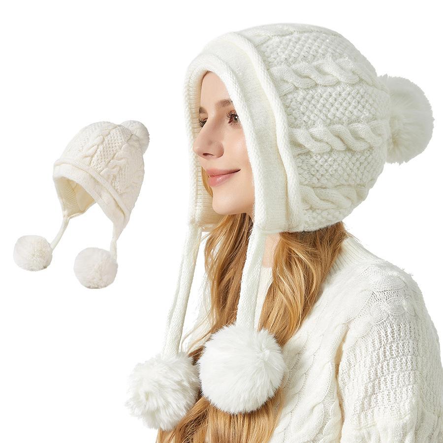 Women's Winter Thick Ear Protecting Three Hair Ball Rabbit Hair Knitted Hat Outdoor Riding Warm Hat