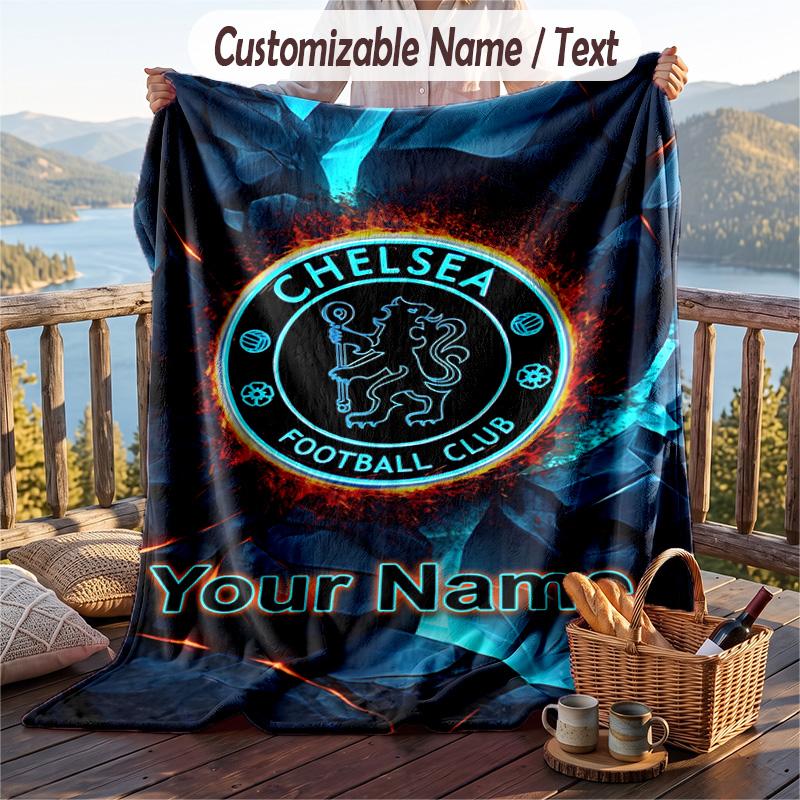 Flannel Blanket Chelsea FC Print Custom Name Text Soft Throw for Sofa Bed