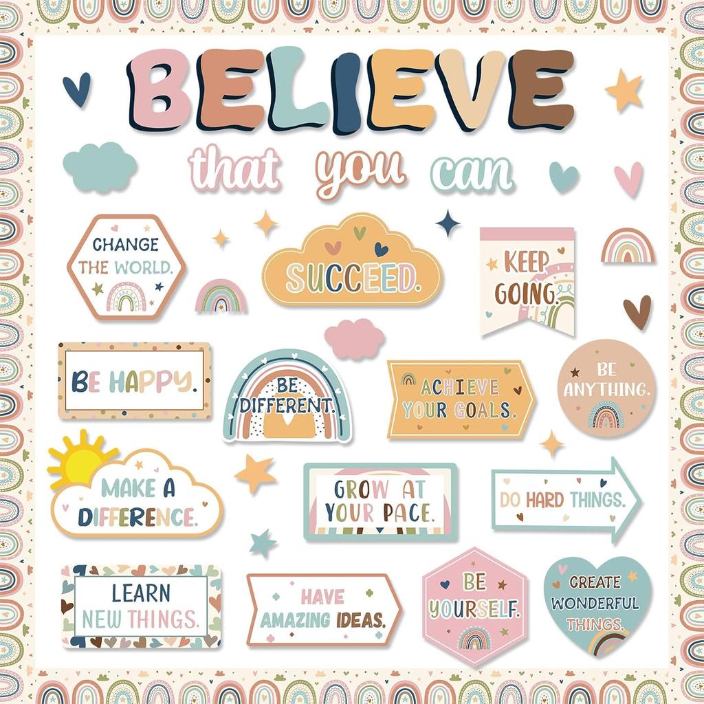 Boho Affirmation Station Bulletin Board Classroom Decorations Set Motivational Rainbow Believe That You Can Paper Cutouts for Welcome Back To School