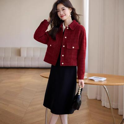 Red Small Fragrance Women's Lapel Short Jacket Autumn and Winter New Retro Small Casual Jacket