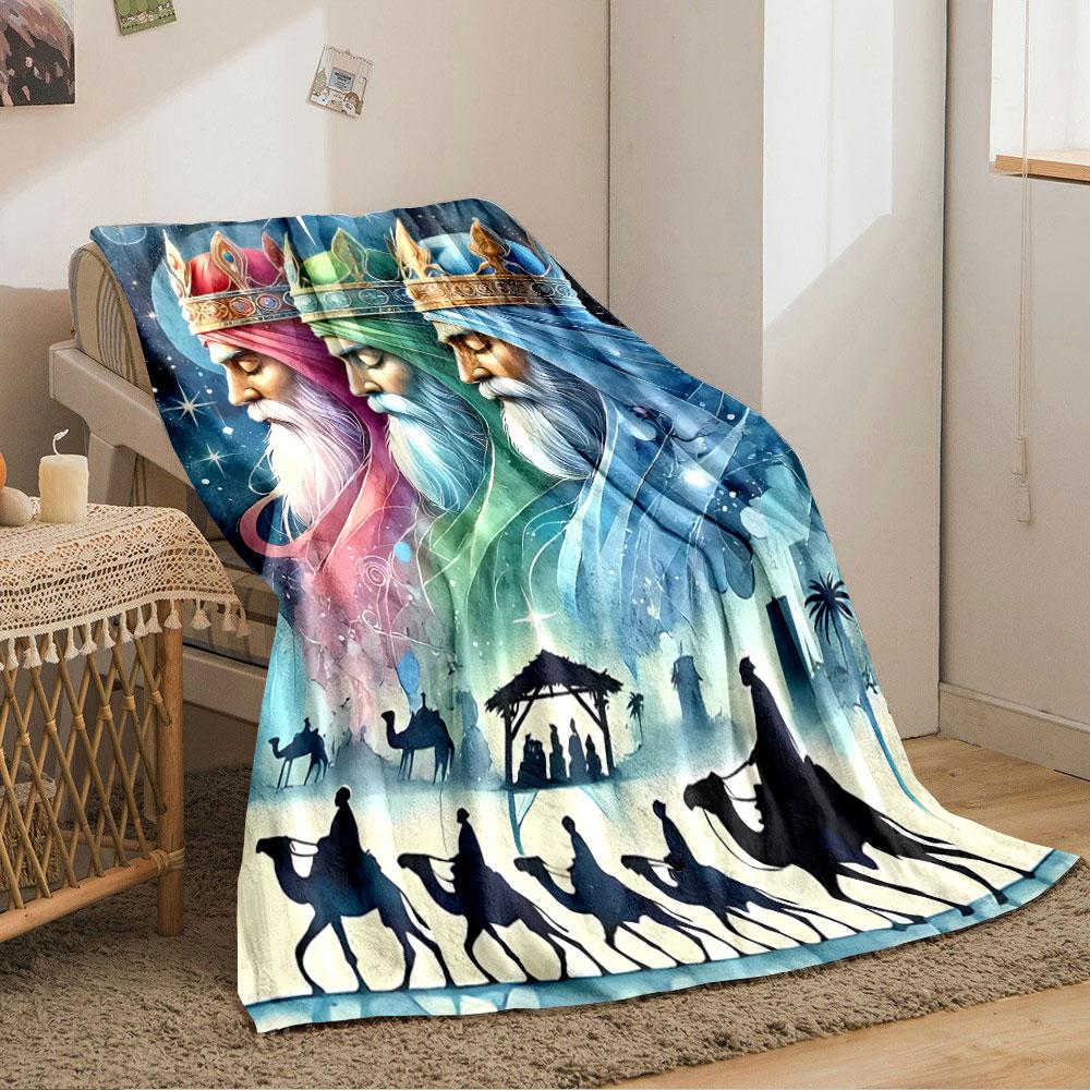 Three crowned figures above a nativity scene with camel riders below. for all seasons blanket lunch break throw gift