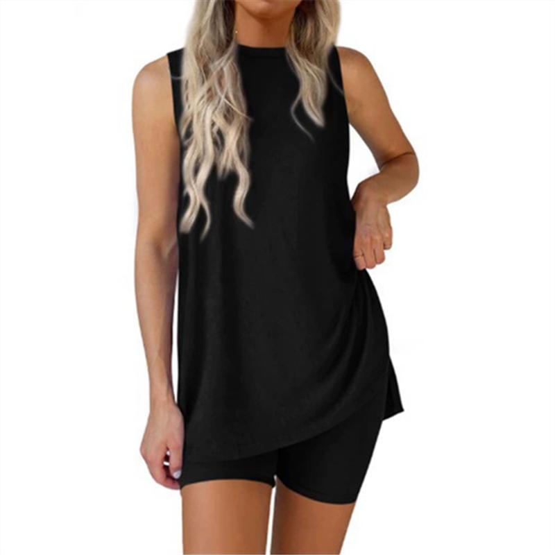 Damen Mode Sets Ärmellos Rundhals Hoher Schlitz Pullover Tanktop + Elastische Taille Skinny Shorts Sommer Outfits