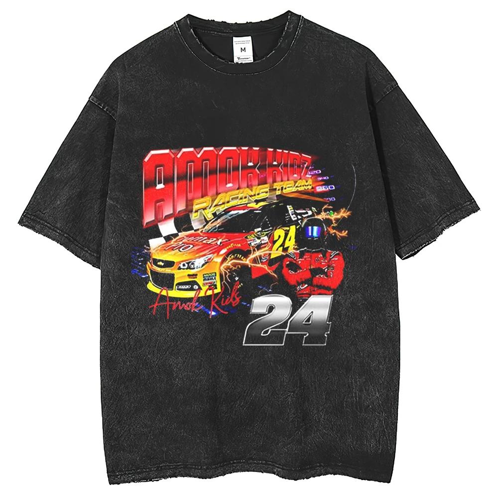 

Мужская и женская летняя одежда Оверсайз Уличная одежда Футболка Гоночный принт Винтажная футболка с коротким рукавом Выстиранный трек 3XL