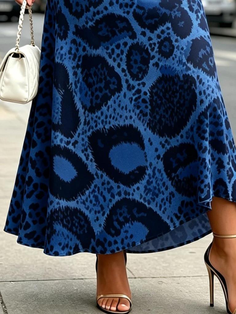 Vestido Maxi Azul de Cuello en V para Mujer Estampado de Leopardo Manga Acampanada Vestido de Verano Casual para Vacaciones