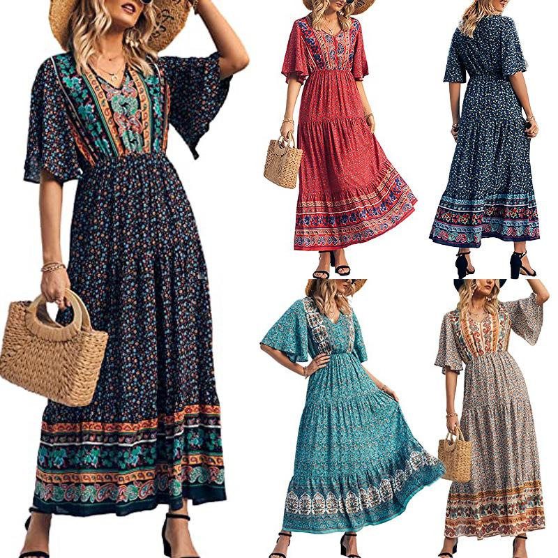 

Boho Floral Print Maxi Dresses for Women,Long Sleeve Beach Dress with Belt,Vintage Summer Dress with Pockets S жовтий