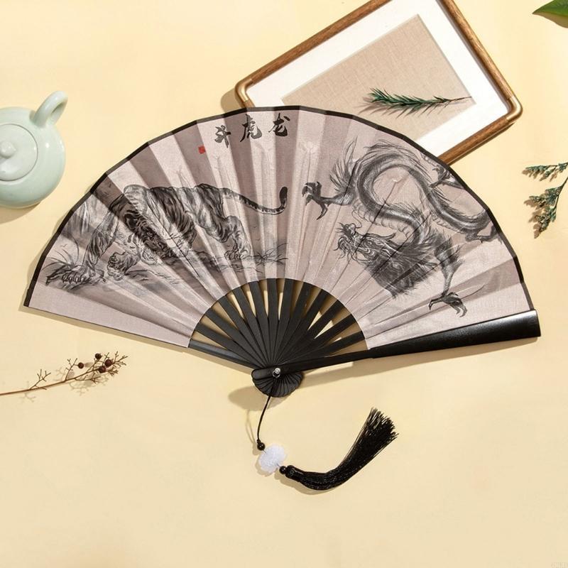 62KD Handhelds Folding Fan Elegant Chinese Vintage Painting Double Sided Hand Fan with Tassels for Dance Home Decorations