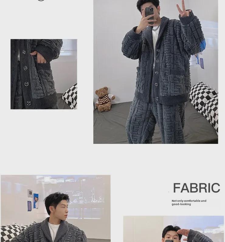Men's V-Neck Cardigan Flannel Pajama Set - Coral Fleece, Thick, Korean Style, Large Size, 2023 Autumn/Winter