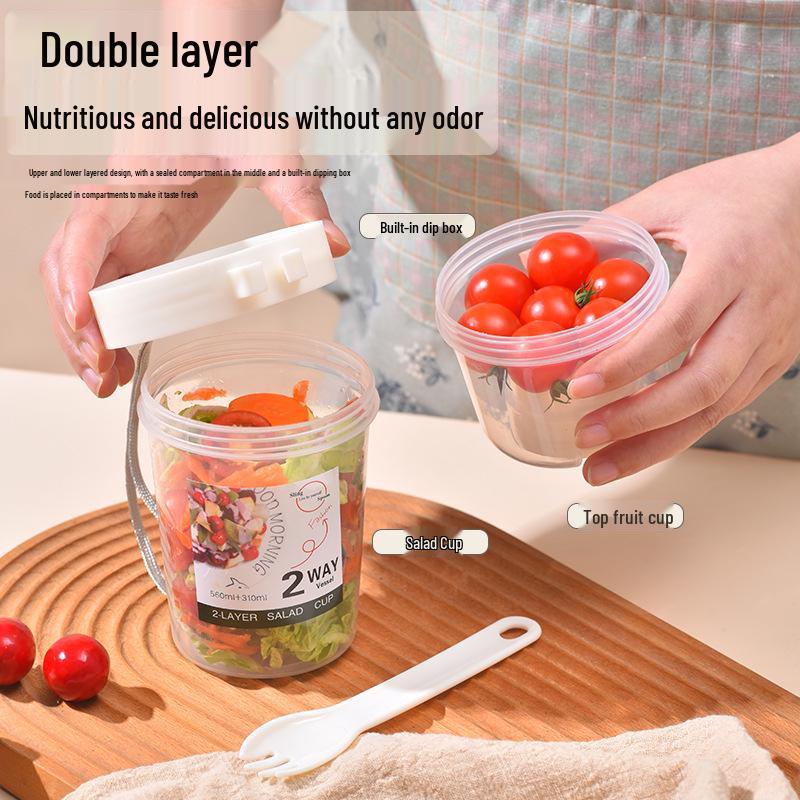Portable Double-Layer Minimalist Salad Cup with Fork and Lid for Travel - Ideal for Yogurt, Fruit & Veggies
