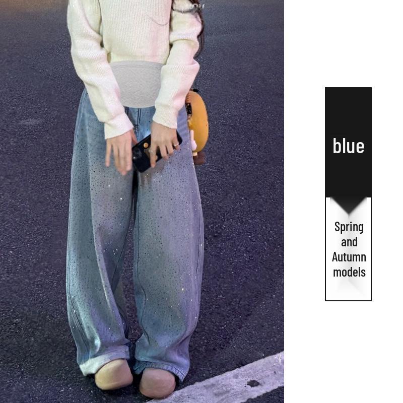 Maternity Korean Style Rhinestone Wide-Leg Denim Pants - Blue L