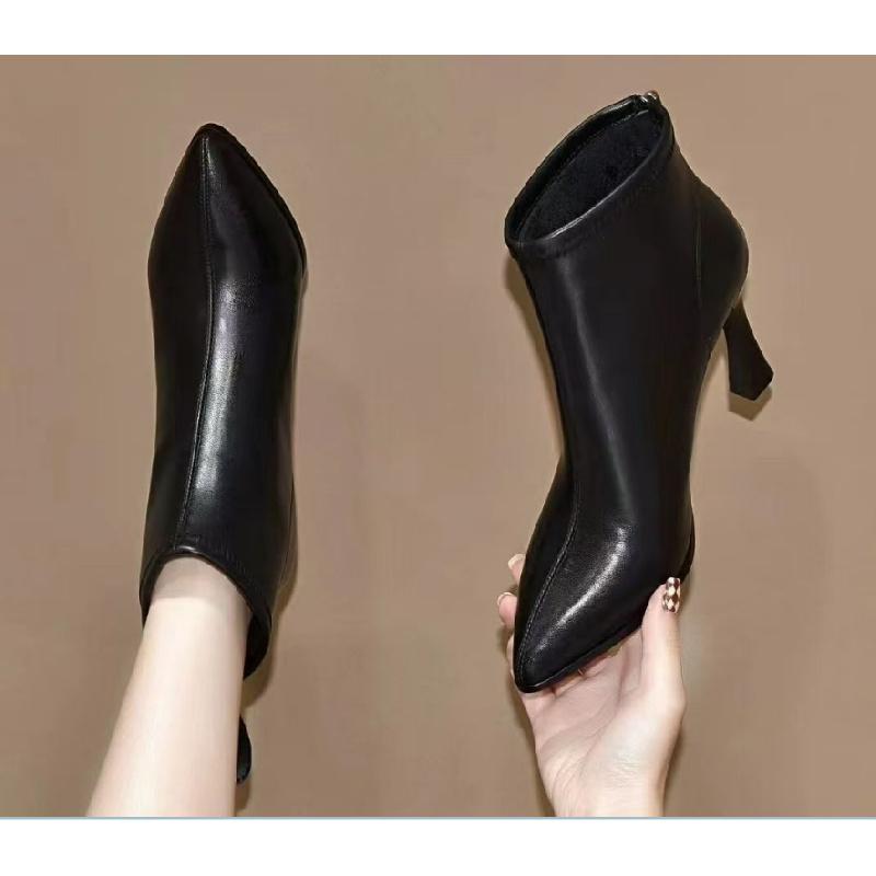 Fall/Winter New Women'S Genuine Leather Ankle Boots - Black Patent Pointed-Toe Stiletto Heel Booties With Rear Zipper
