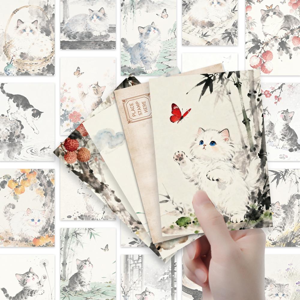 32pcs Ink Wash Cat Postcards, Christmas Gifts, Living Room Decor Cards, Student Gifts, Cheap Bedroom Decoration,Thick Cardstock,
