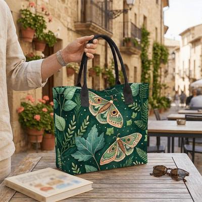 Green Moth Pattern Canvas Tote Bag Portable Daily Shopping Handbag