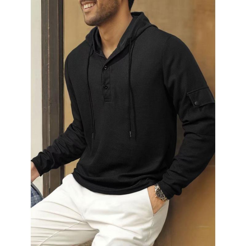 Men's Sports Fitness Hooded Long-sleeved Sweatshirt Spring and Autumn Waffle Solid Color Versatile Pullover