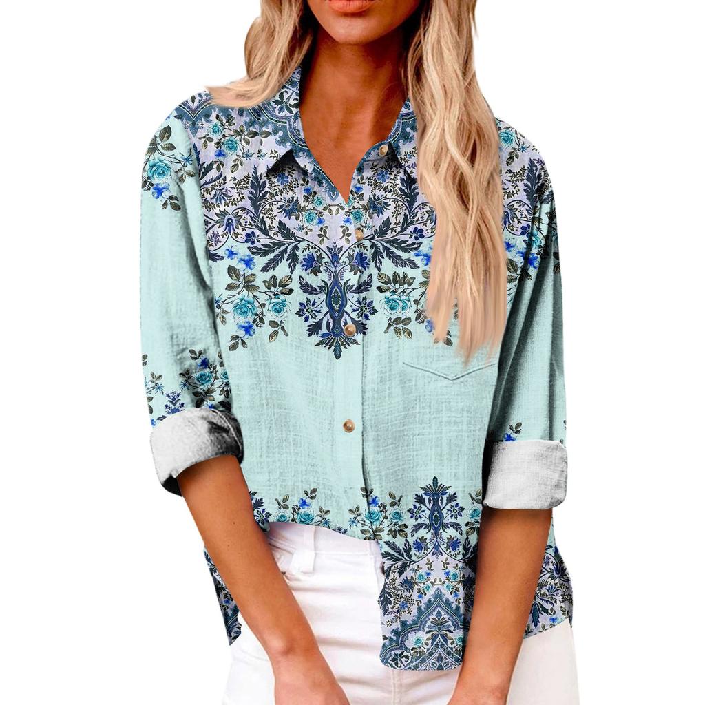 Damen Locker Geschnittenes Baumwoll- und Leinenoberteil mit Blumenmuster, Stehkragen und langen Ärmeln